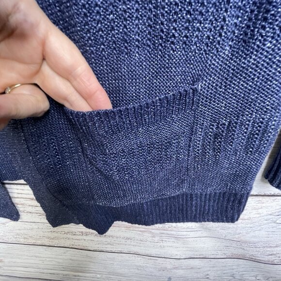Talbots Women Linen Cardigan Size Large Blue Pockets Open Coastal Capsule - Picture 6 of 11